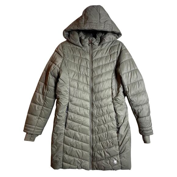 Spyder Boundless Hooded Full Zip Puffer Parka Jacket Youth XL Womens XS Olive - Picture 1 of 16